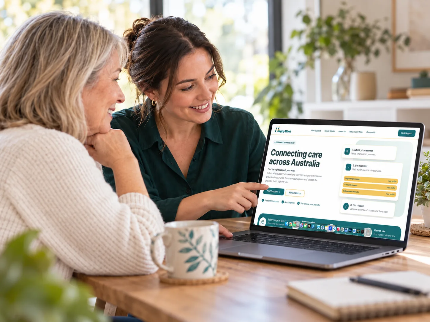 Two women looking at the HappyWink website together on a laptop